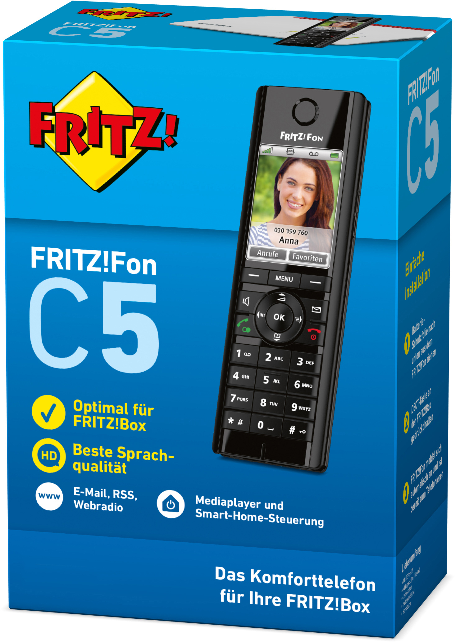 Eine Box mit einem Telefon. Das Telefon zeigt ein Foto einer Frau. Auf der Box steht 'FRITZ!Fon C5'.