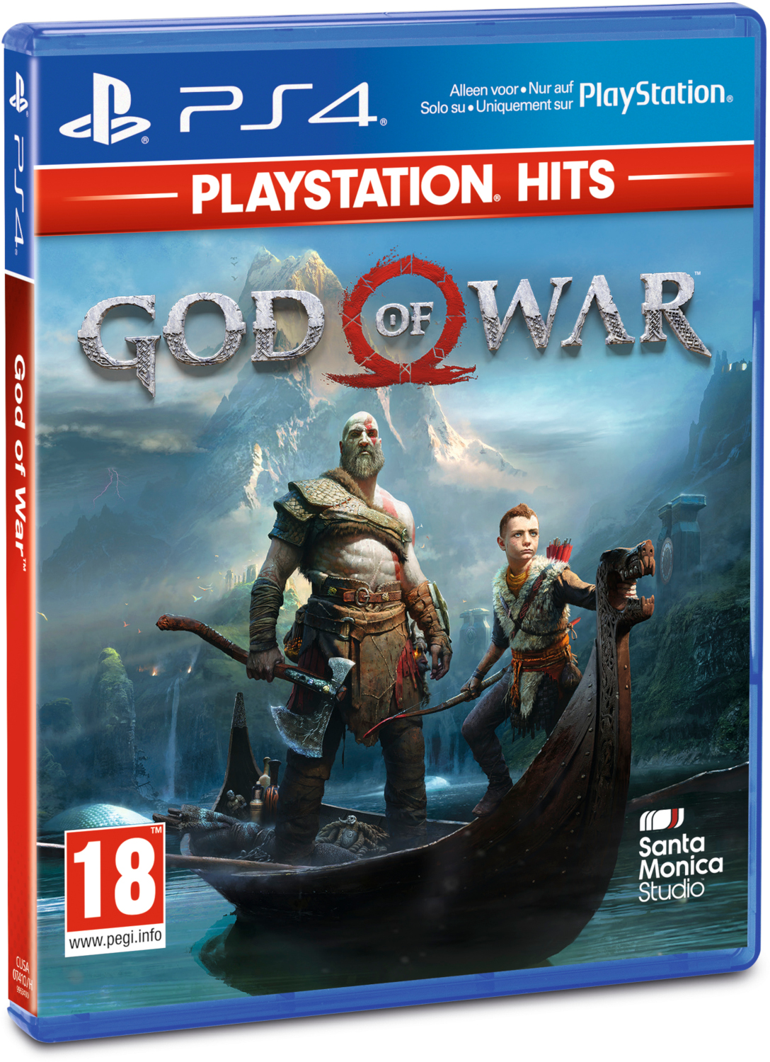 La couverture d'une boîte de jeu PS4, 'God of War'. Comprend des personnages sur un bateau et le titre du jeu.