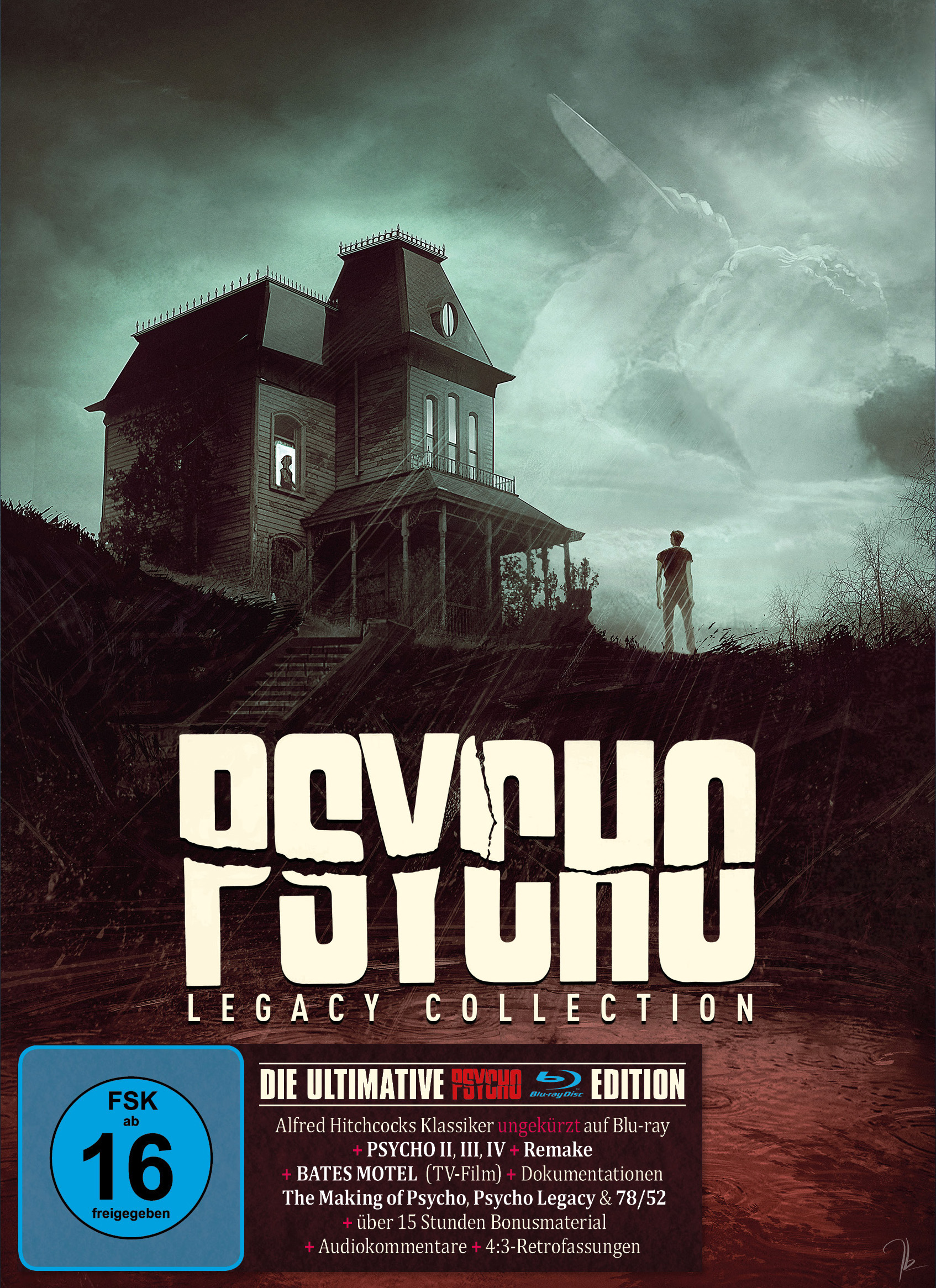 DVD-Cover: Haus auf einem Hügel, ein Mann geht, Text 'PSYCHO' und 'LEGACY COLLECTION'.