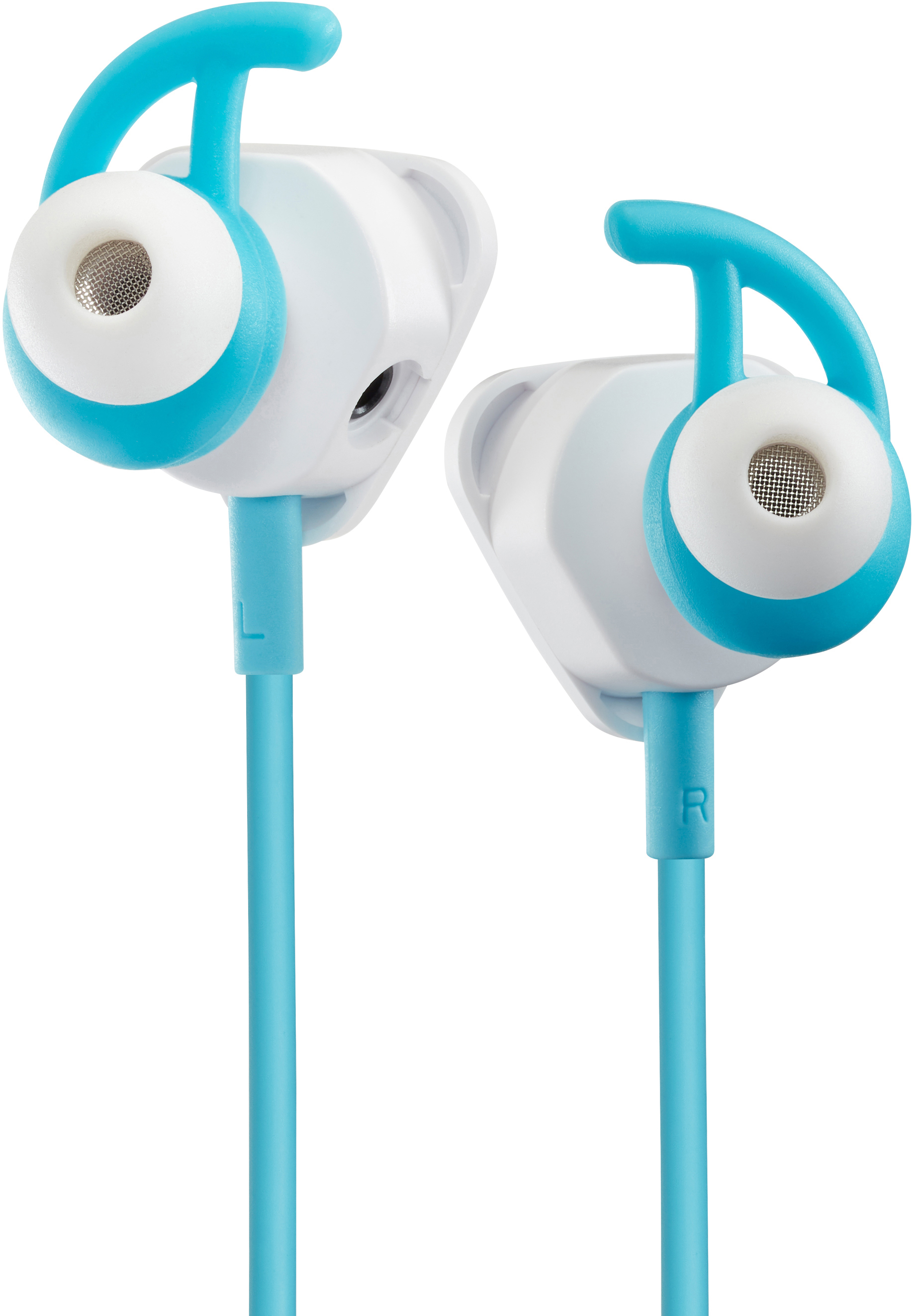 Weiße und blaue Ohrhörer. Die Ohrhörer haben einen blauen Draht und einen blauen Ohrhaken.