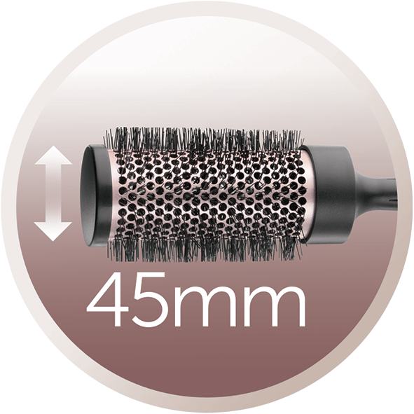 Egy kerek hajkefe fekete sörtékkel és rózsaszín fém testtel. 45 mm.