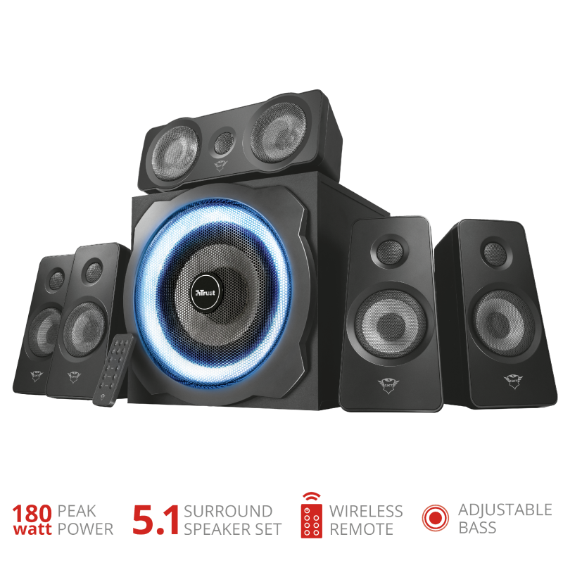 Schwarzes 5.1 Surround-Sound-Lautsprechersystem mit drahtloser Fernbedienung.