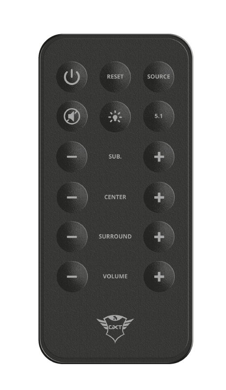 Schwarze Fernbedienung mit Tasten: Strom, Lautstärke, Zurücksetzen, Quelle, Sub, Center, Surround, 5.1 und Plus/Minus-Steuerung.