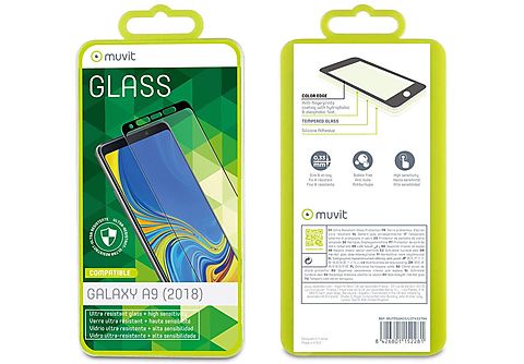 Protector Pantalla -  MUVIT para Samsung Galaxy A9 2018, Cristal templado, Transparente con borde negro