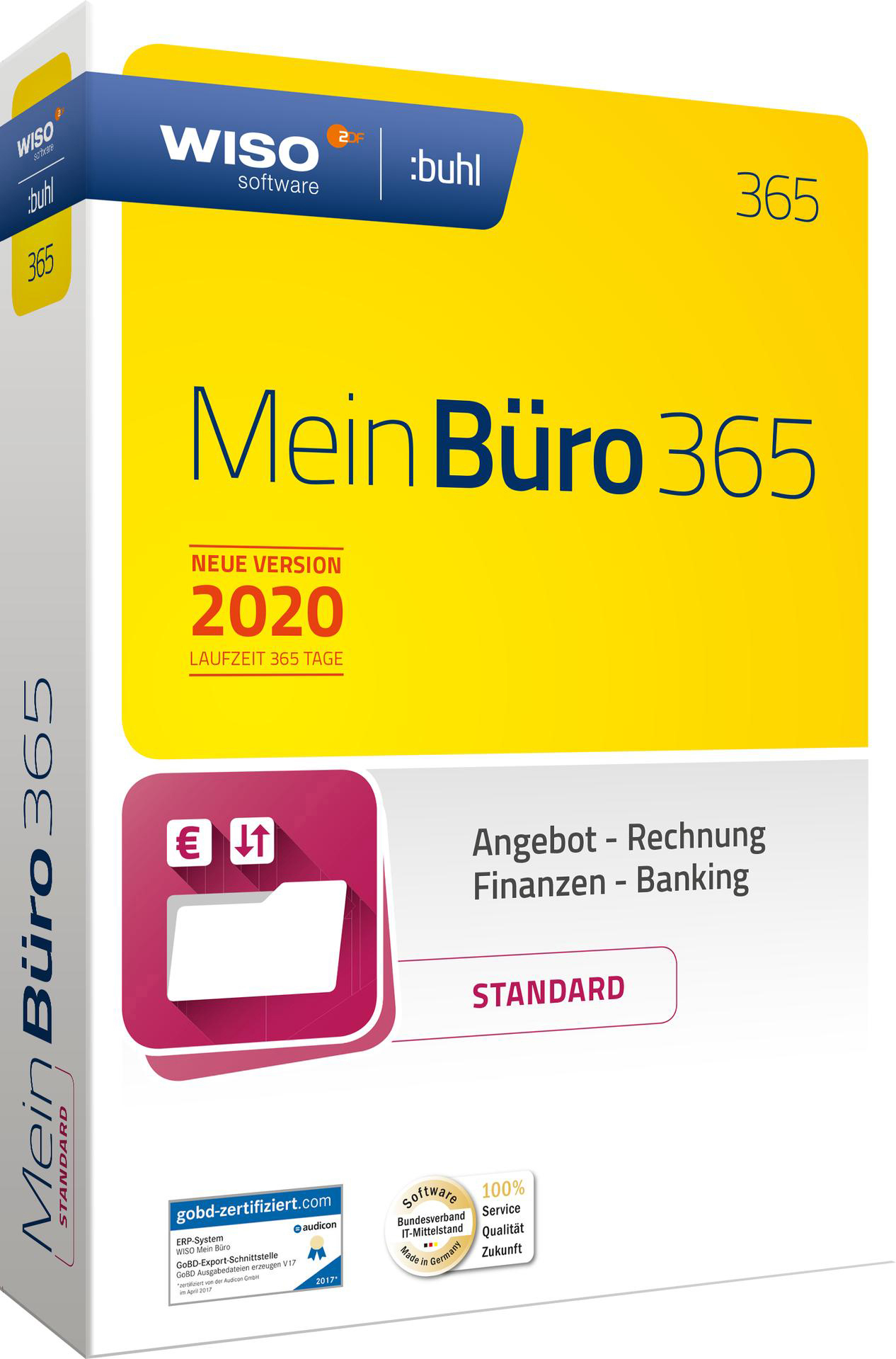 Eine Softwarebox mit gelbem Hintergrund. Es steht Mein Büro 365, Neue Version 2020 und Standard. Es hat Logo von WISO Software.