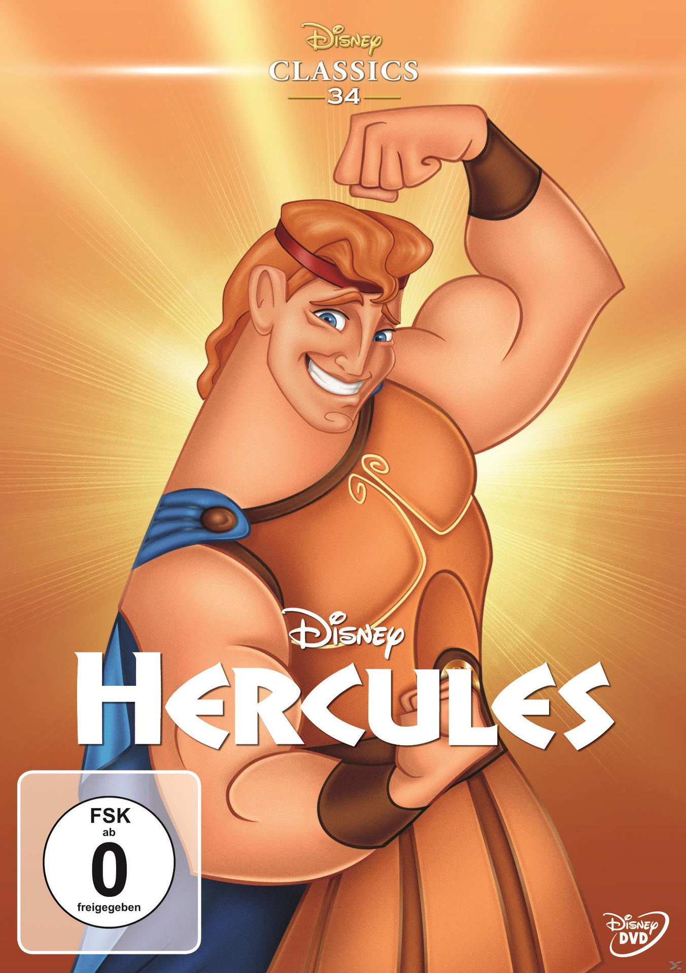 Hercules DVD-Cover, lächelnd und seinen Arm beugend. Disney Classics Logo oben.