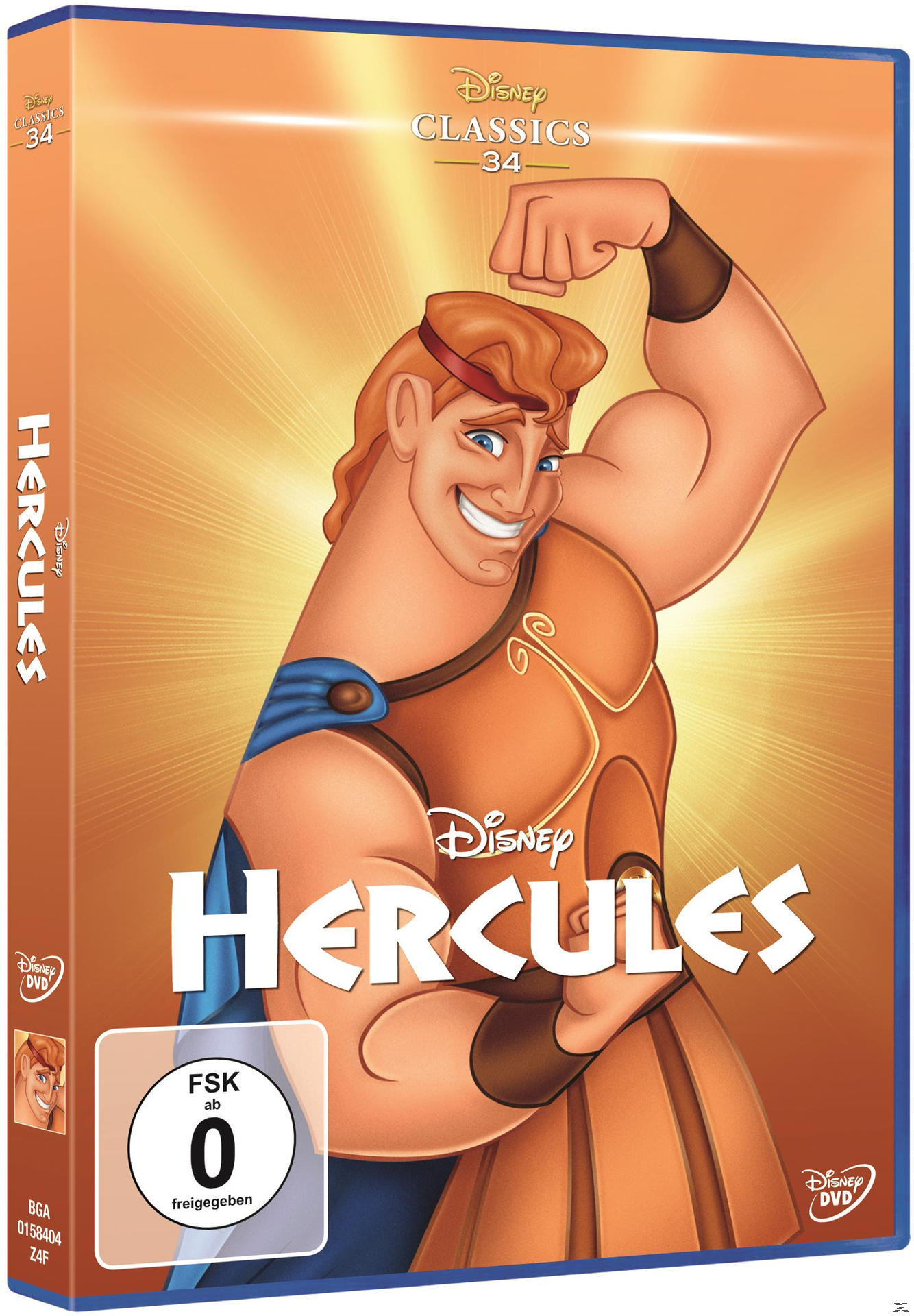Hercules DVD-Hülle: Hercules posiert. Orange-goldener Hintergrund. Disney-Logo.