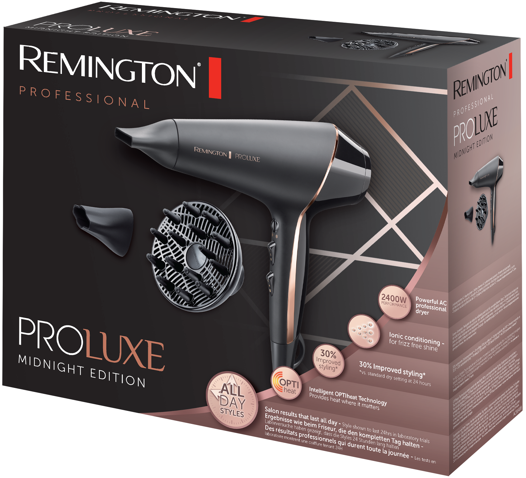 Fekete-rózsaarany Remington ProLuxe hajszárító, diffúzorral, dobozon.