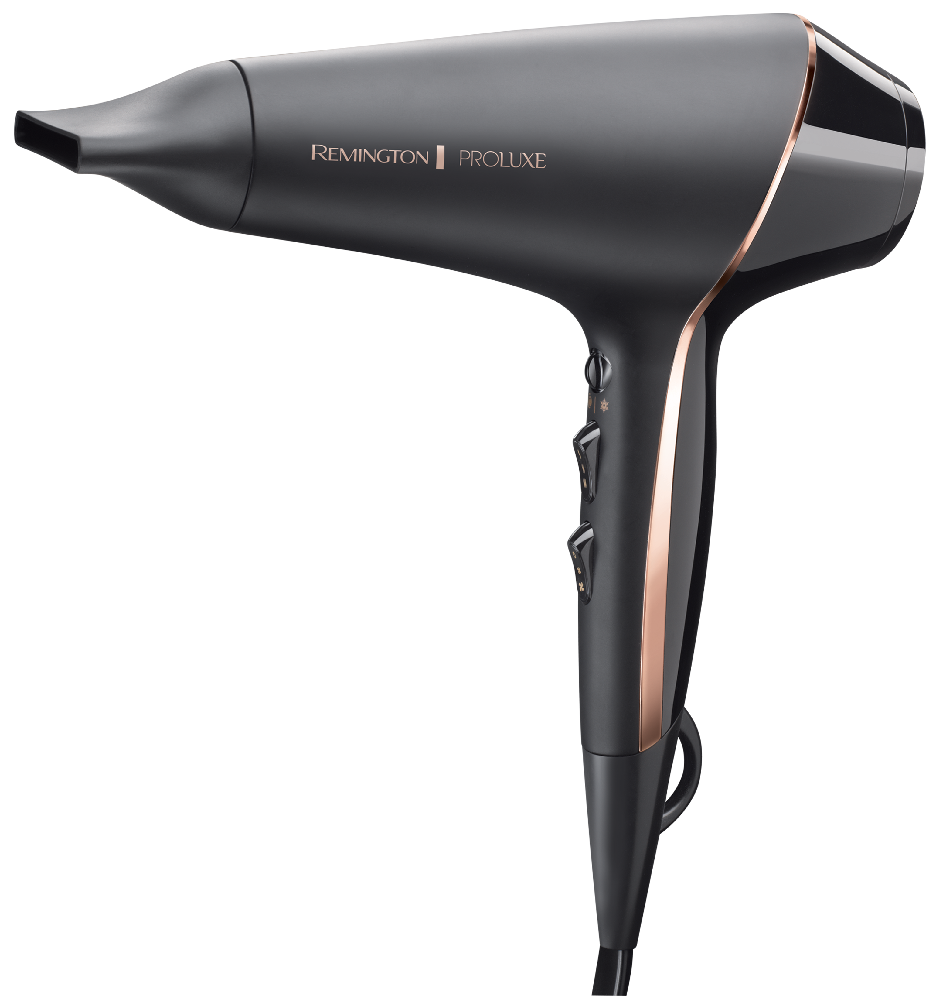 Fekete Remington Proluxe hajszárító rózsaarany díszítéssel. Fekete háttér.
