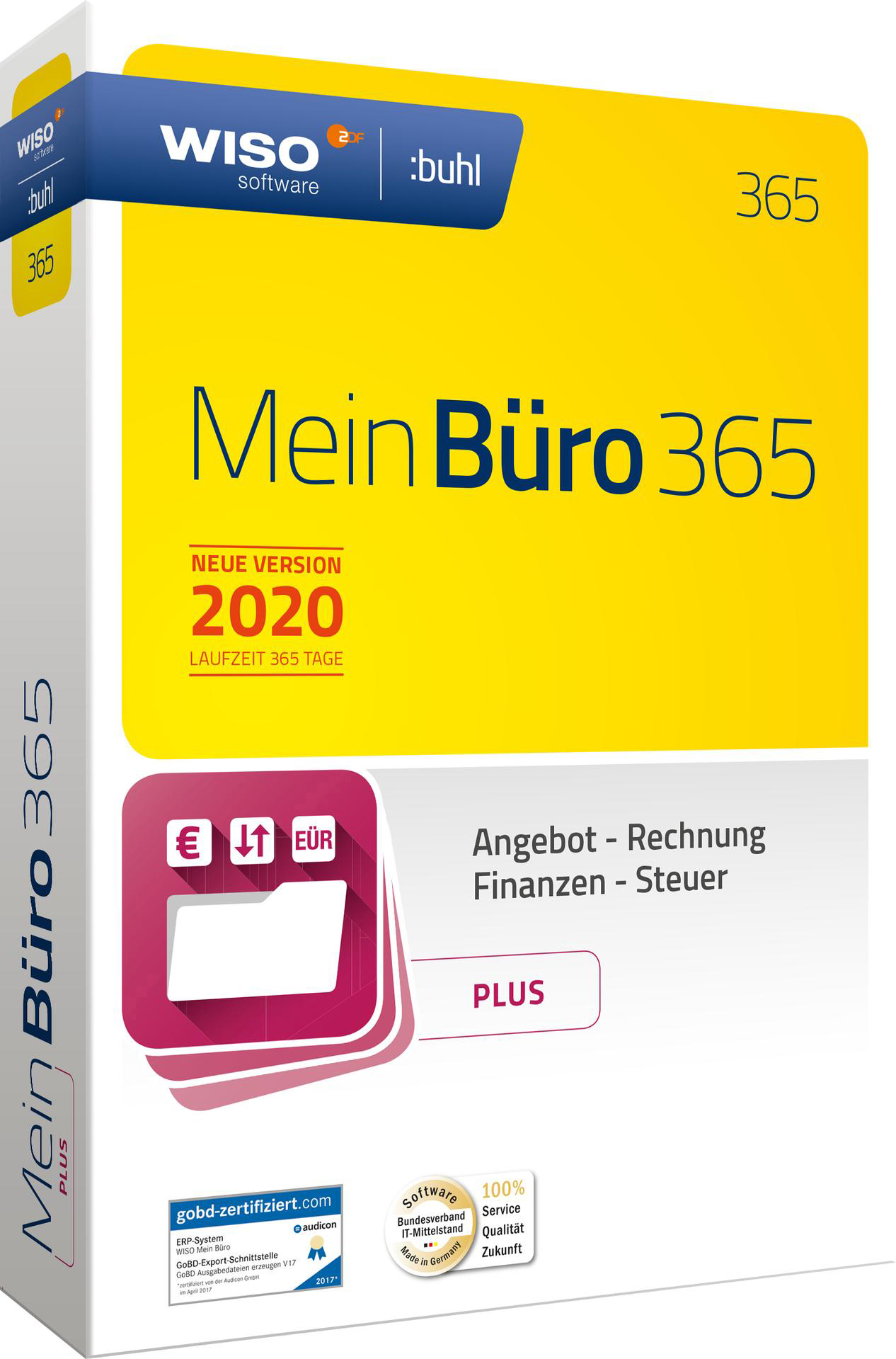 Eine Softwarebox mit dem Namen Mein Büro 365. Sie hat einen gelben Hintergrund mit Text und Symbolen.