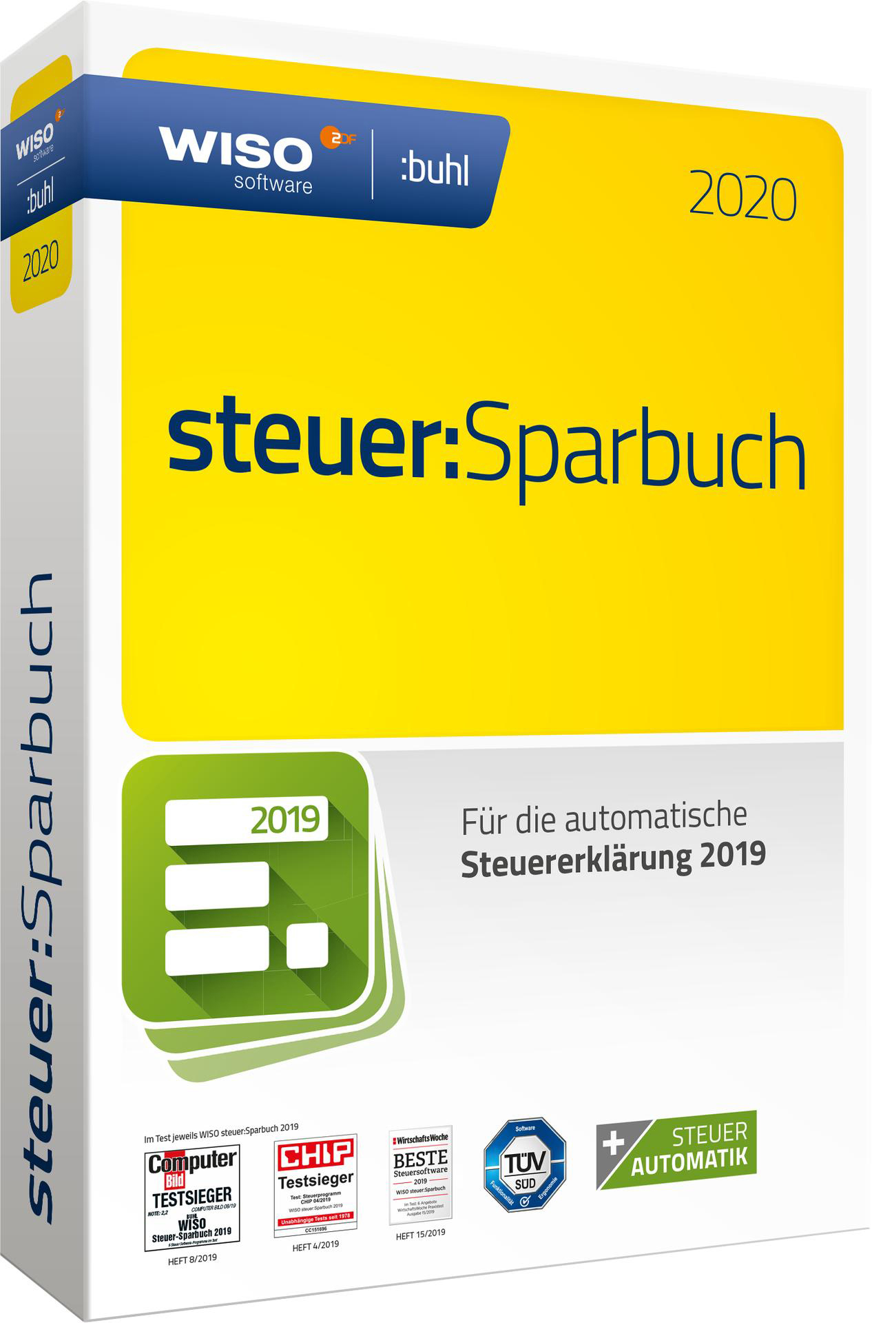 Eine Softwarebox mit dem Titel 'steuer:Sparbuch 2020' mit Auszeichnungen und grünen Akzenten. Gelber Hintergrund und blauer Text.