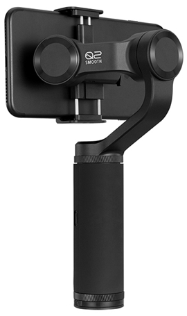 Een zwarte telefoonstabilisator met een telefoon bevestigd. Het is een strak ontwerp, gezien vanuit een zijhoek.