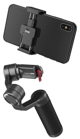 Zwarte telefoon gemonteerd op zwarte gimbal. Gimbal handvat heeft een rode knop. Witte achtergrond.