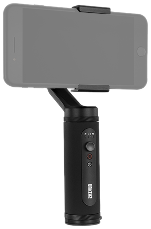 Zwarte smartphone-stabilisator met een telefoon bevestigd, knoppen en een stroomindicator.