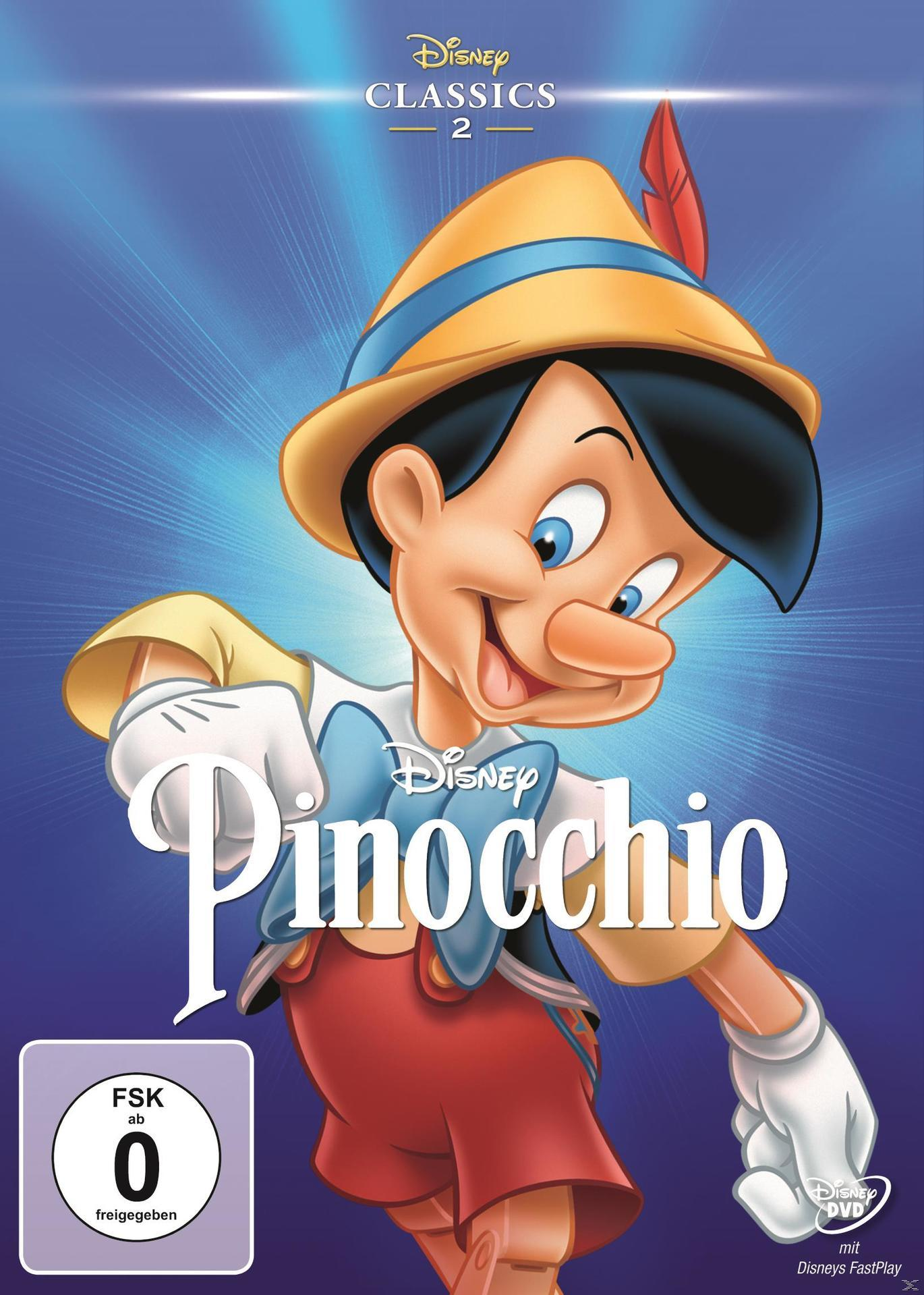 DVD-Cover für Pinocchio. Ein Cartoon von Pinocchio mit Hut, mit blauem Hintergrund.