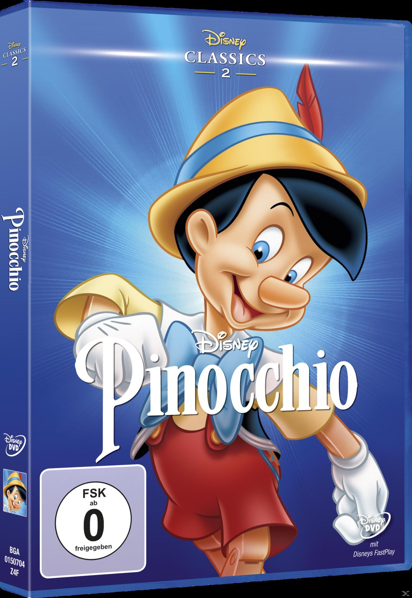 Pinocchio-DVD-Cover. Pinocchio ist mit einem blauen Hut und roten Shorts abgebildet. Der Hintergrund ist blau.