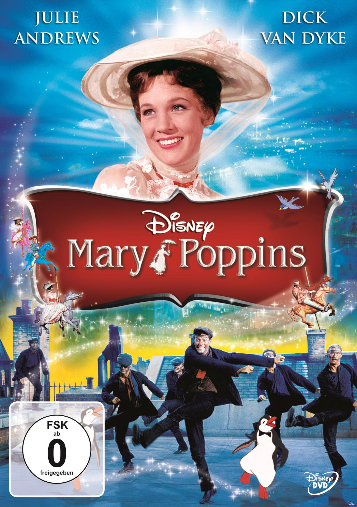 Mary Poppins DVD-Cover. Julie Andrews lächelt, mit animierten Szenen von tanzenden Menschen und Pinguinen.