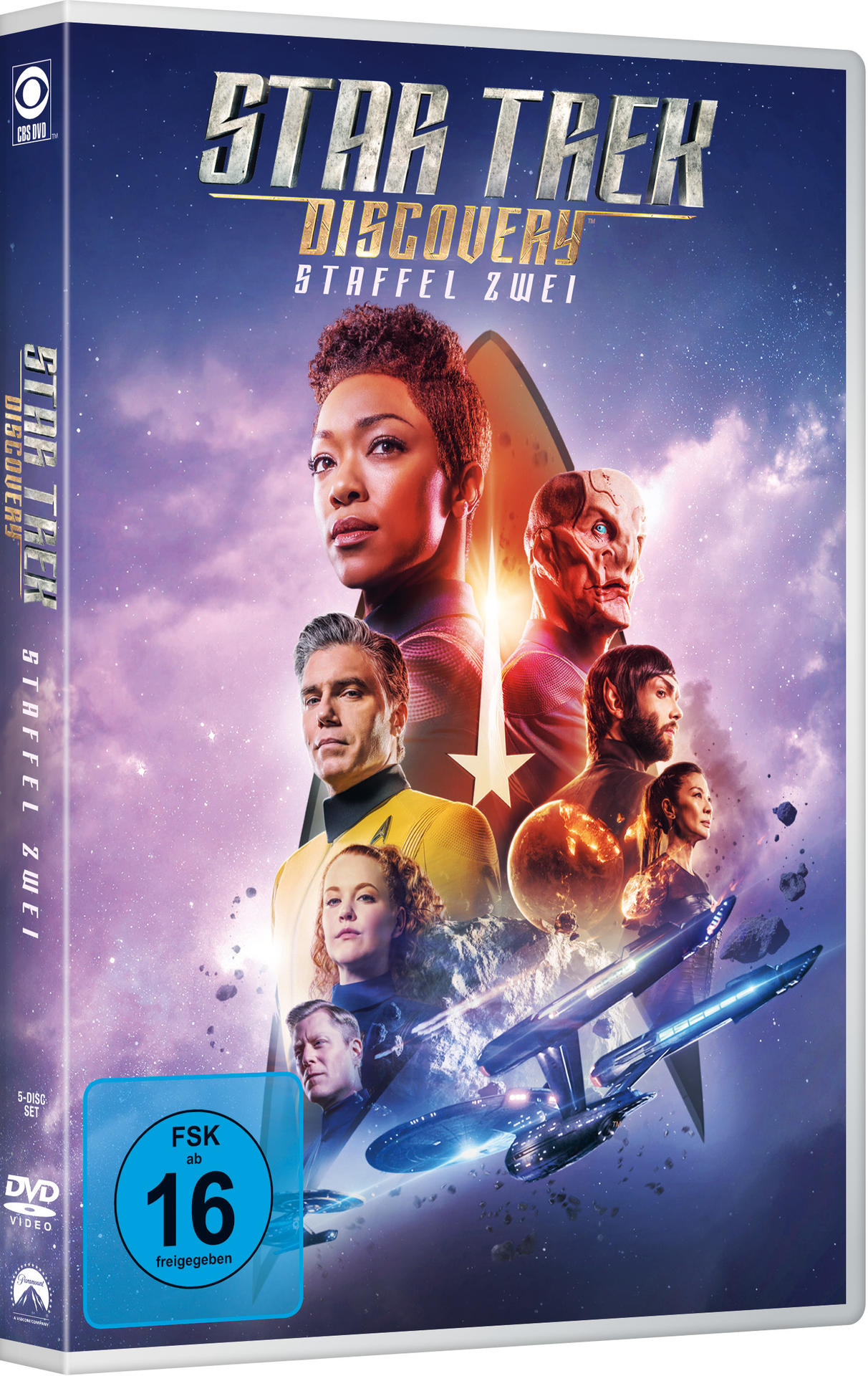 DVD-Cover für Star Trek: Discovery Staffel 2. Zeigt eine Gruppe von Menschen und ein Raumschiff. Blaues und violettes Farbschema.