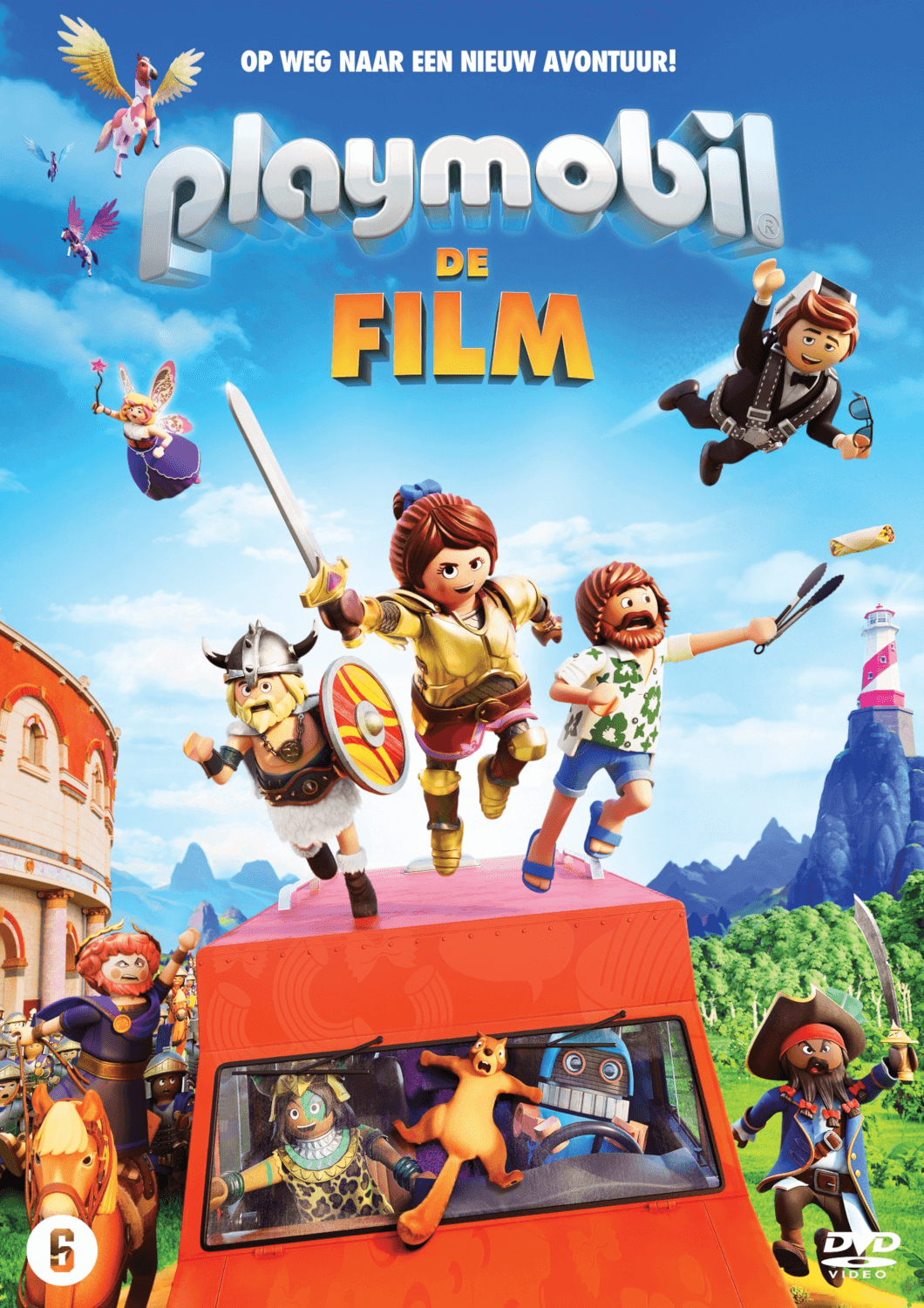 Affiche de film. Plusieurs figurines Playmobil sont en l'air devant un bus rouge. Fond bleu.