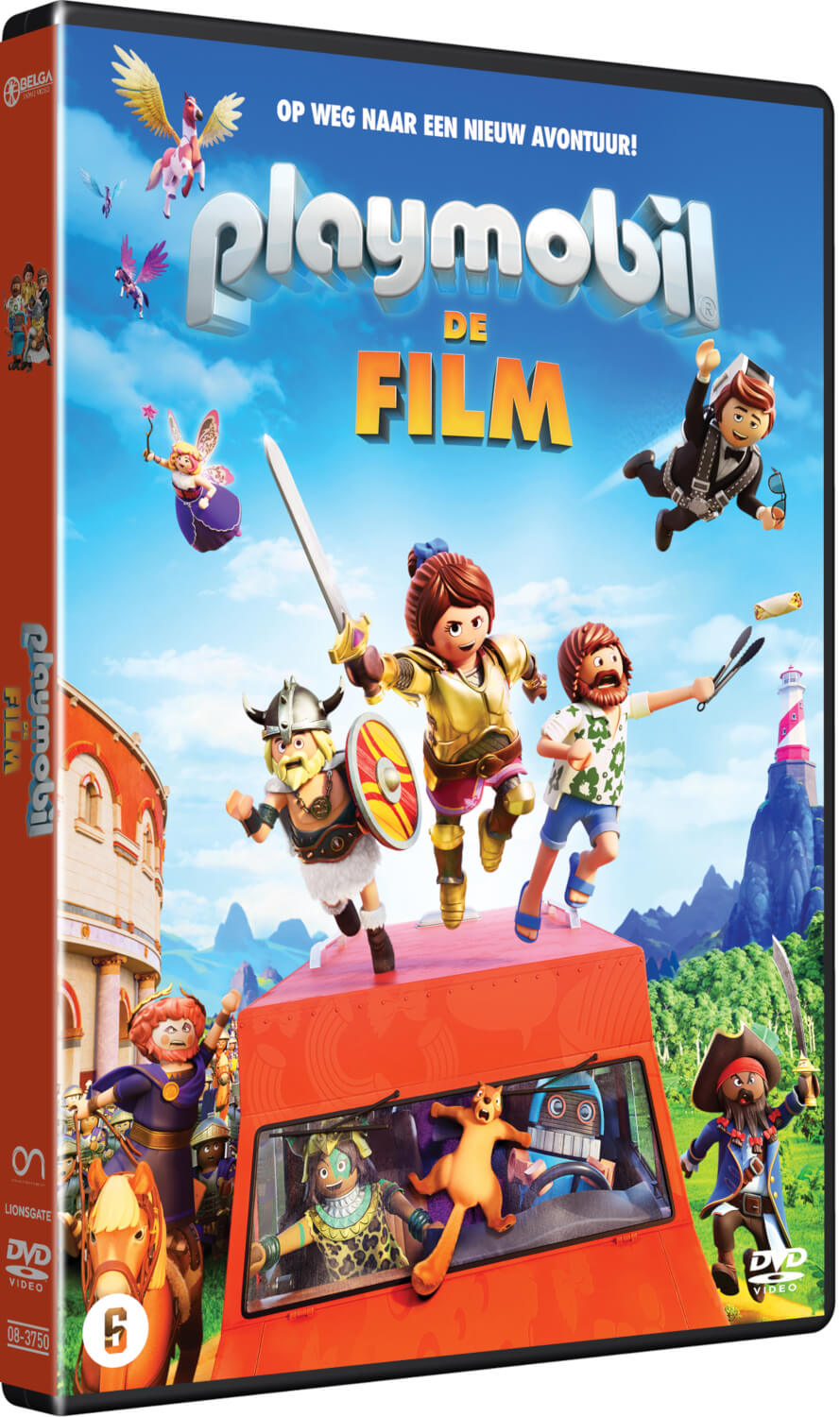Jaquette de DVD avec des personnages de dessins animés et un bus rouge, avec le titre du film en plusieurs langues.