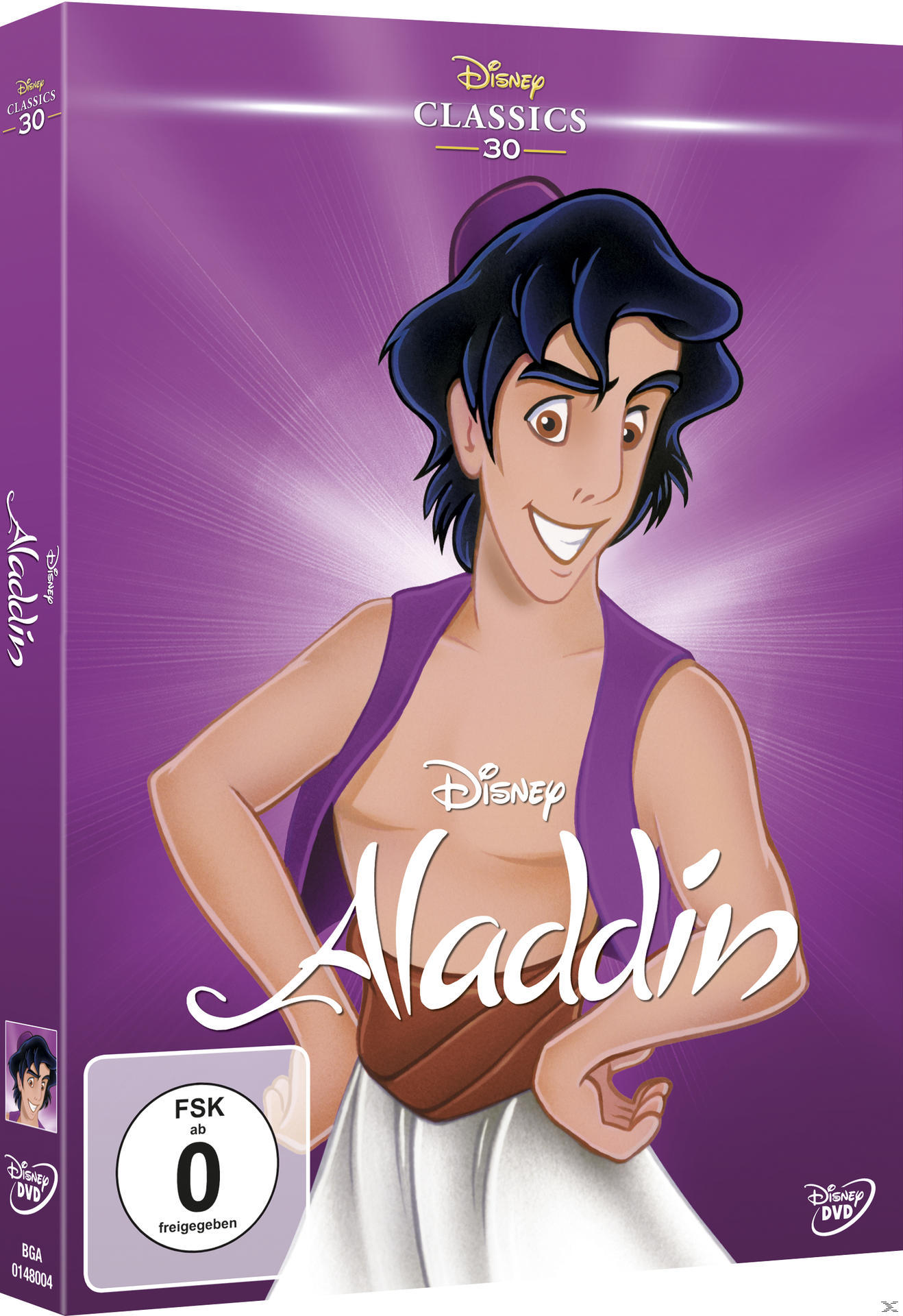 DVD-Cover von Disneys Aladdin mit lächelndem Aladdin.