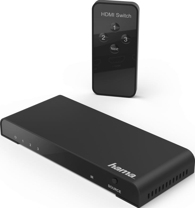 Commutateur HDMI noir et télécommande sur fond blanc.