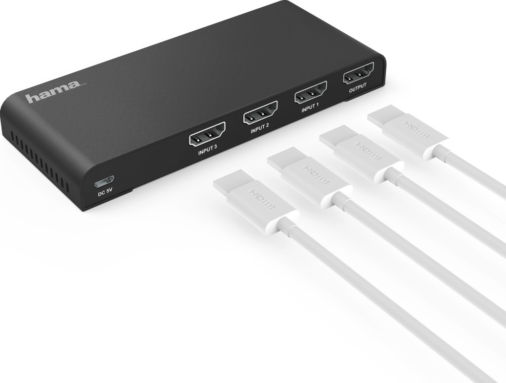 Hub HDMI noir avec câbles blancs attachés. Le hub a des ports d'entrée et de sortie.