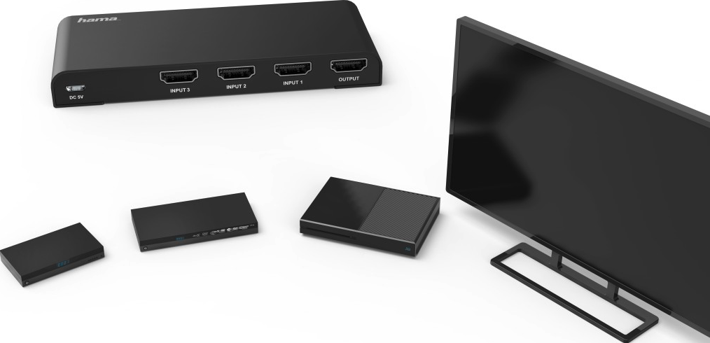 Un hub HDMI noir avec des appareils et une télévision sur fond blanc.
