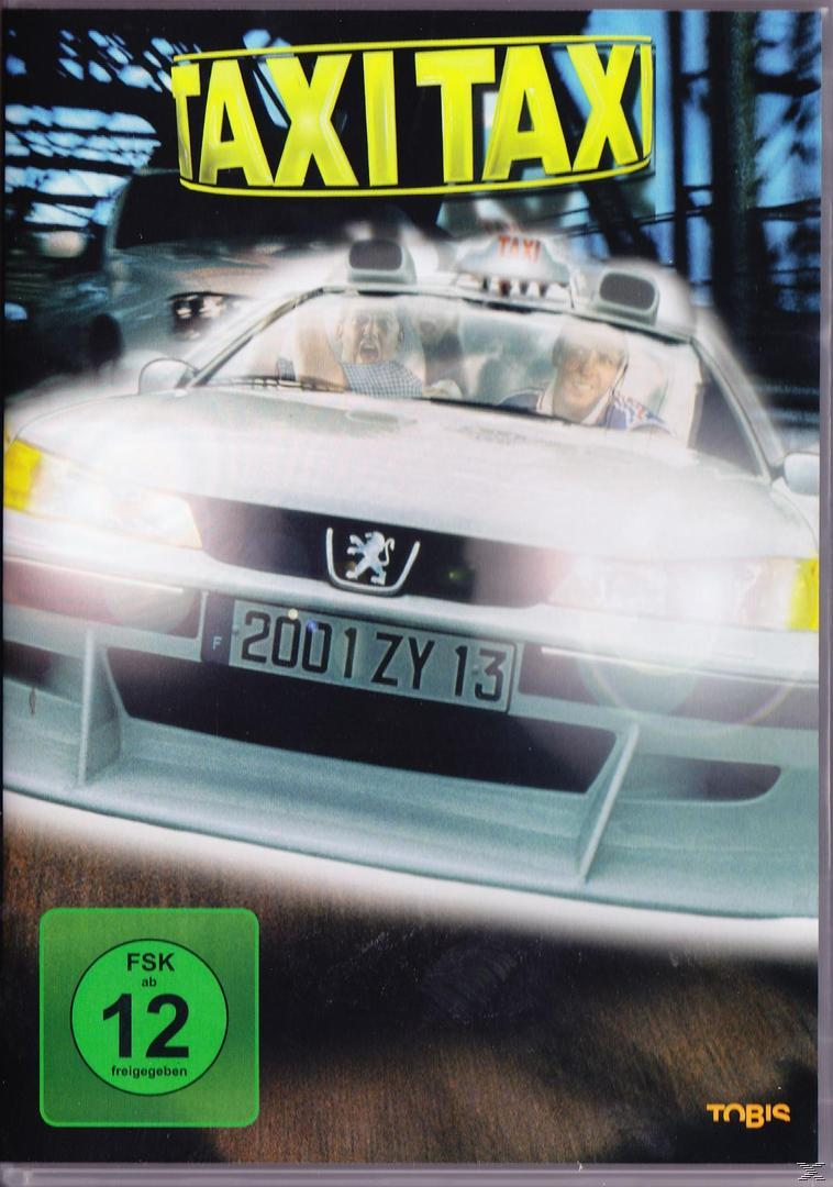 DVD-Cover für den Film Taxi Taxi. Zeigt ein weißes Auto und zwei Männer darin. Ein 12er-Rating-Aufkleber ist vorhanden.