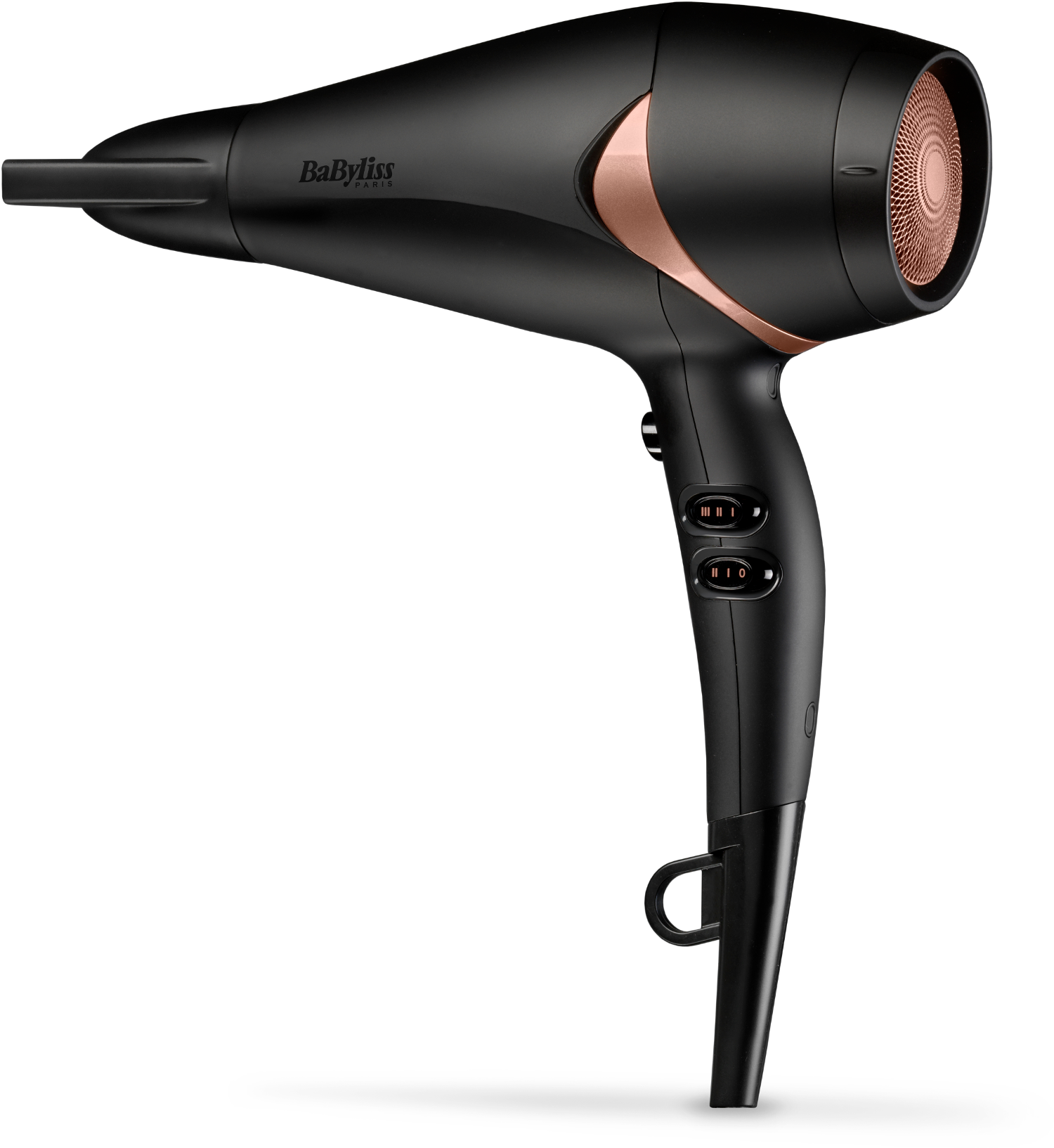 Zwarte haardroger met roségouden accenten, merk Babyliss. Zwarte achtergrond.