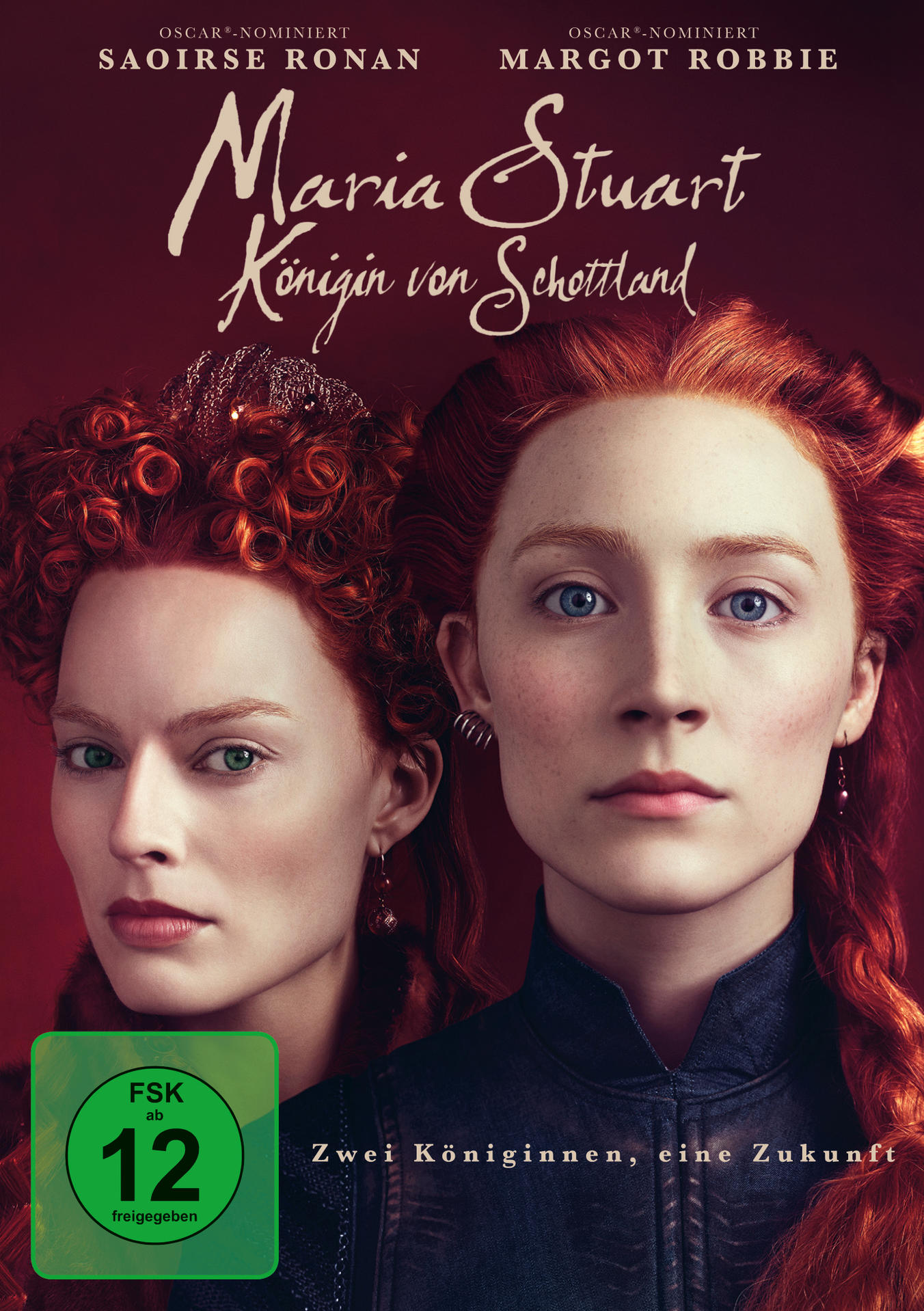 Zwei Frauen in historischer Kleidung, eine mit rotem Haar und die andere mit einer Krone, auf rotem Hintergrund.