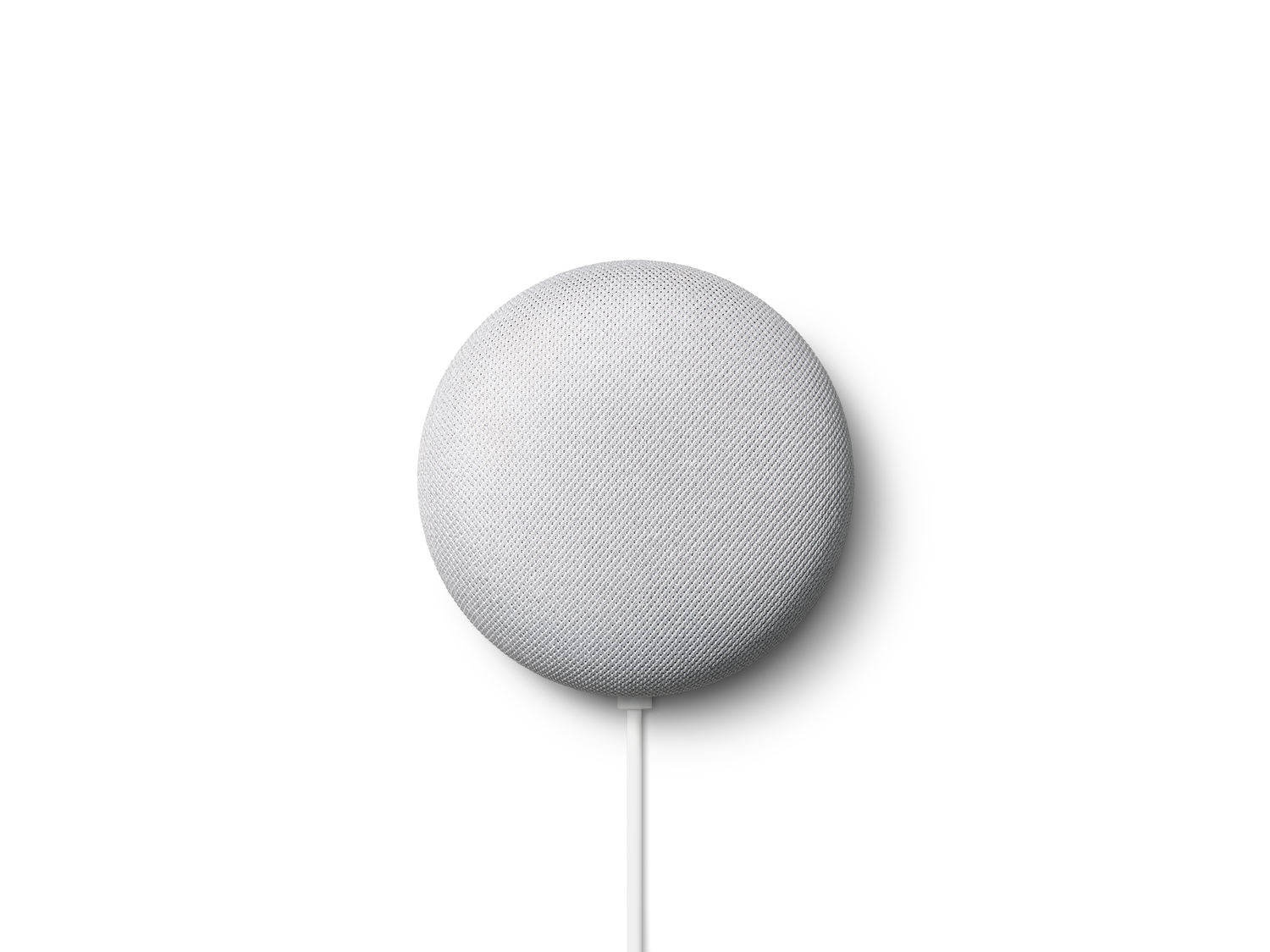 Een witte, bolvormige slimme luidspreker met een witte kabel, tegen een zwarte achtergrond.