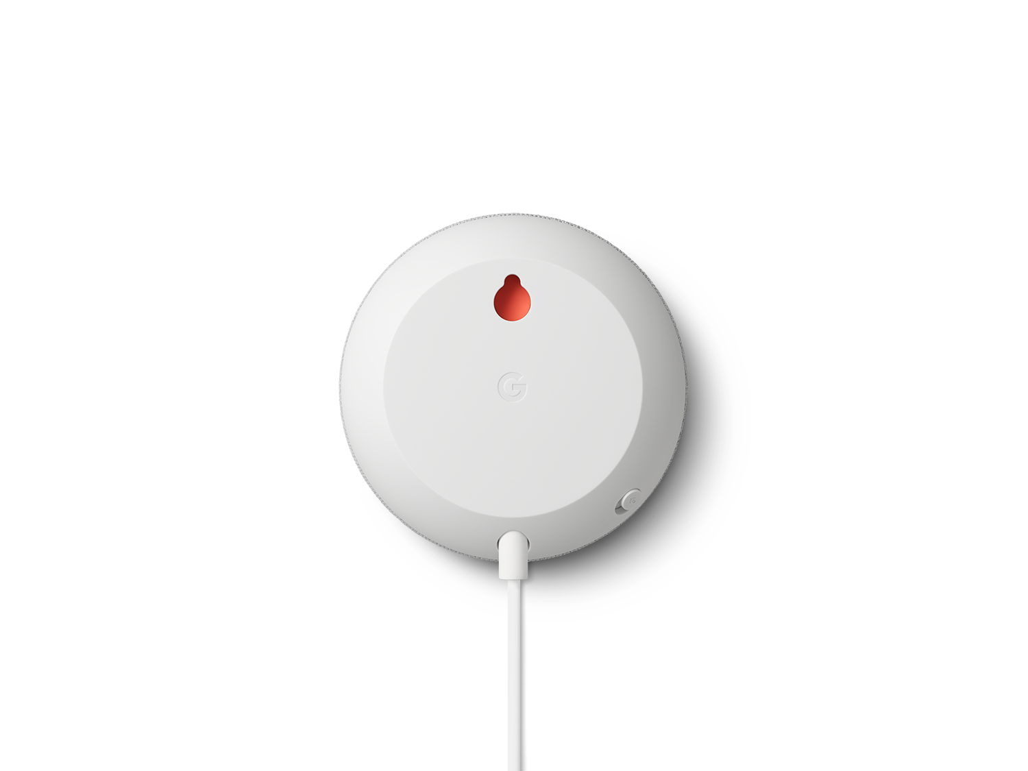 Een witte Google Nest Mini op een zwarte achtergrond. Een rode lus is zichtbaar.