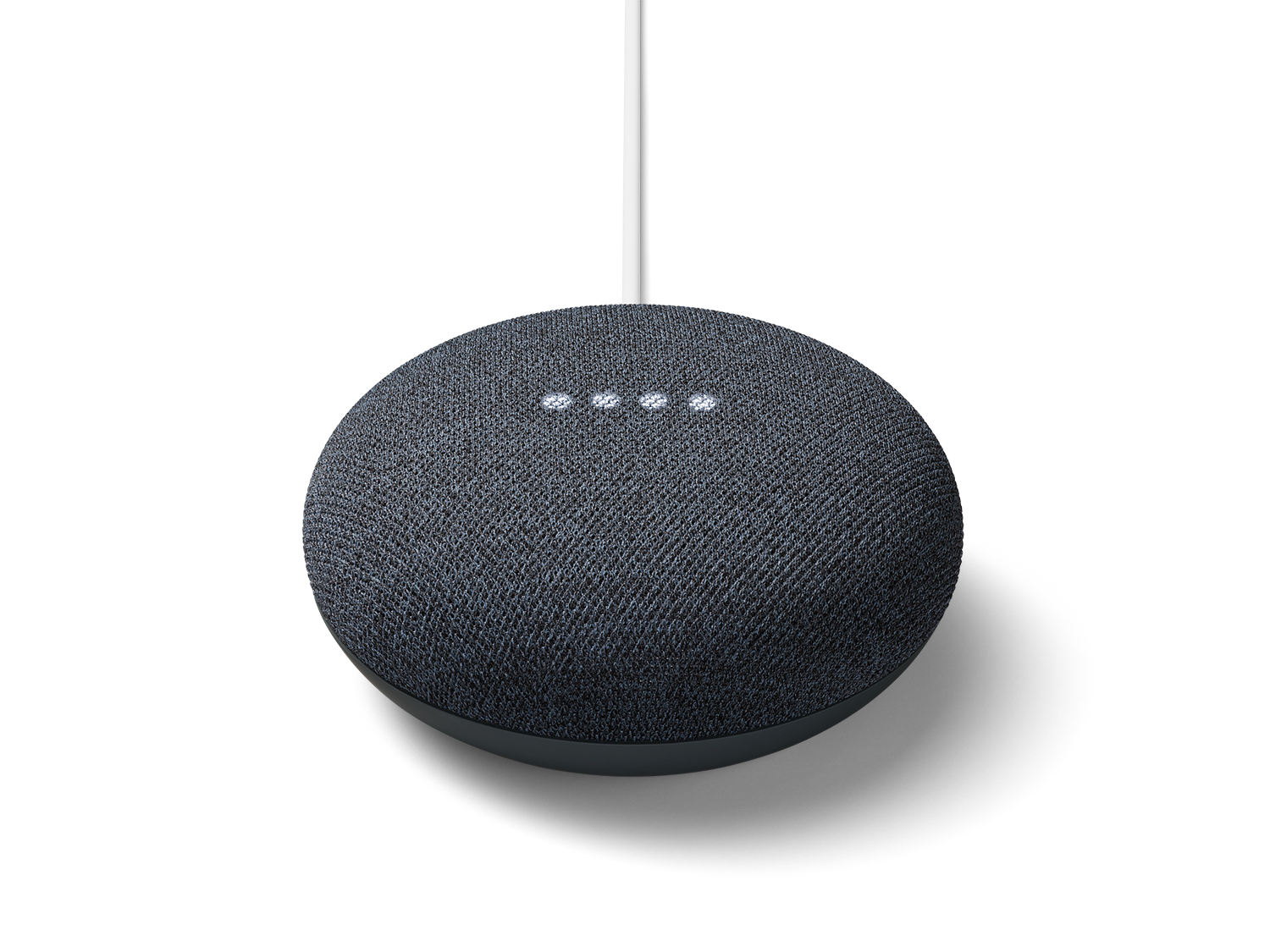 Een donkergrijze Google Nest Mini slimme luidspreker met witte kabel. De luidspreker heeft vier witte lampjes.