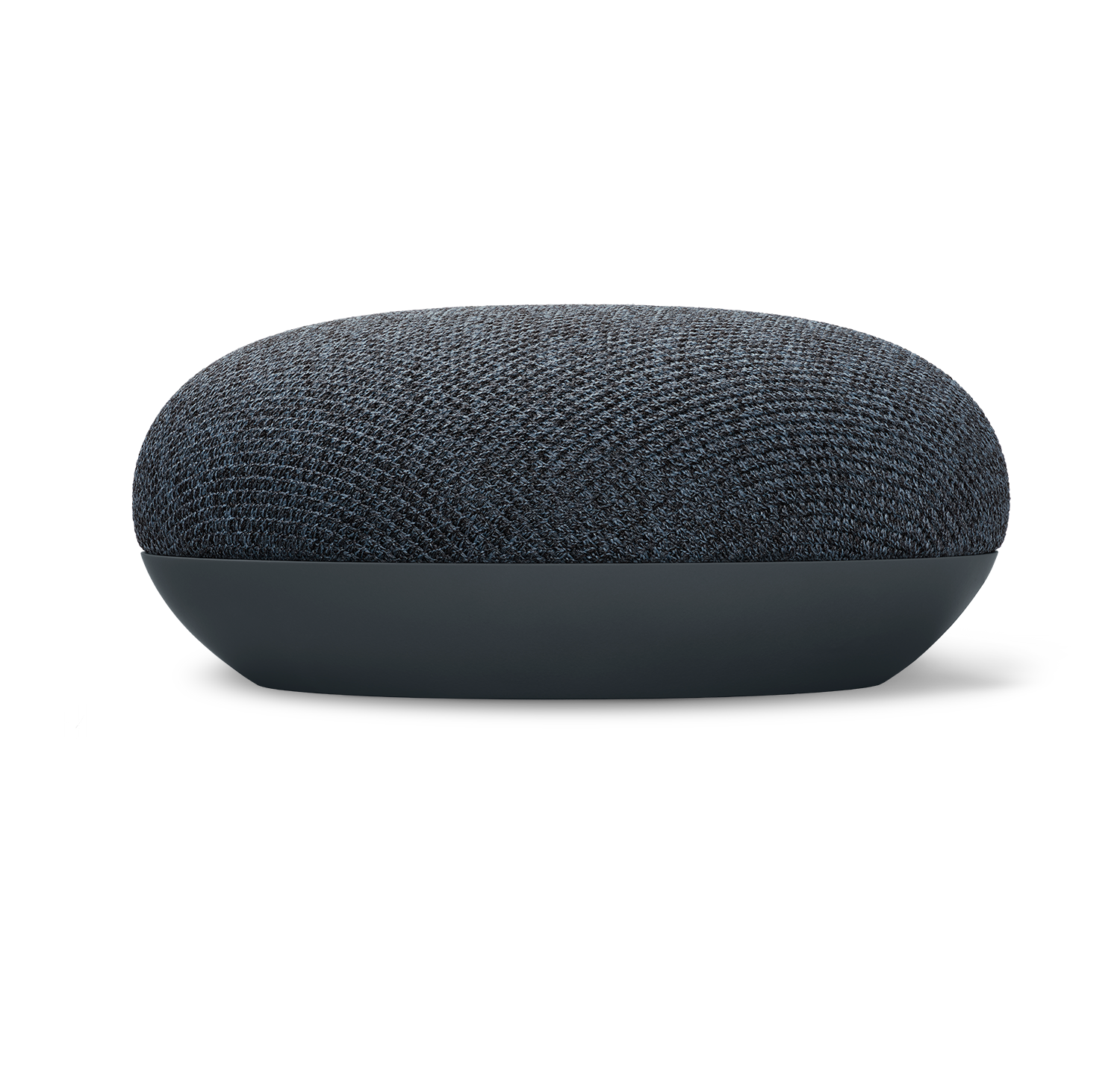 Een kleine, grijze Google Nest Mini-luidspreker op een zwarte achtergrond.