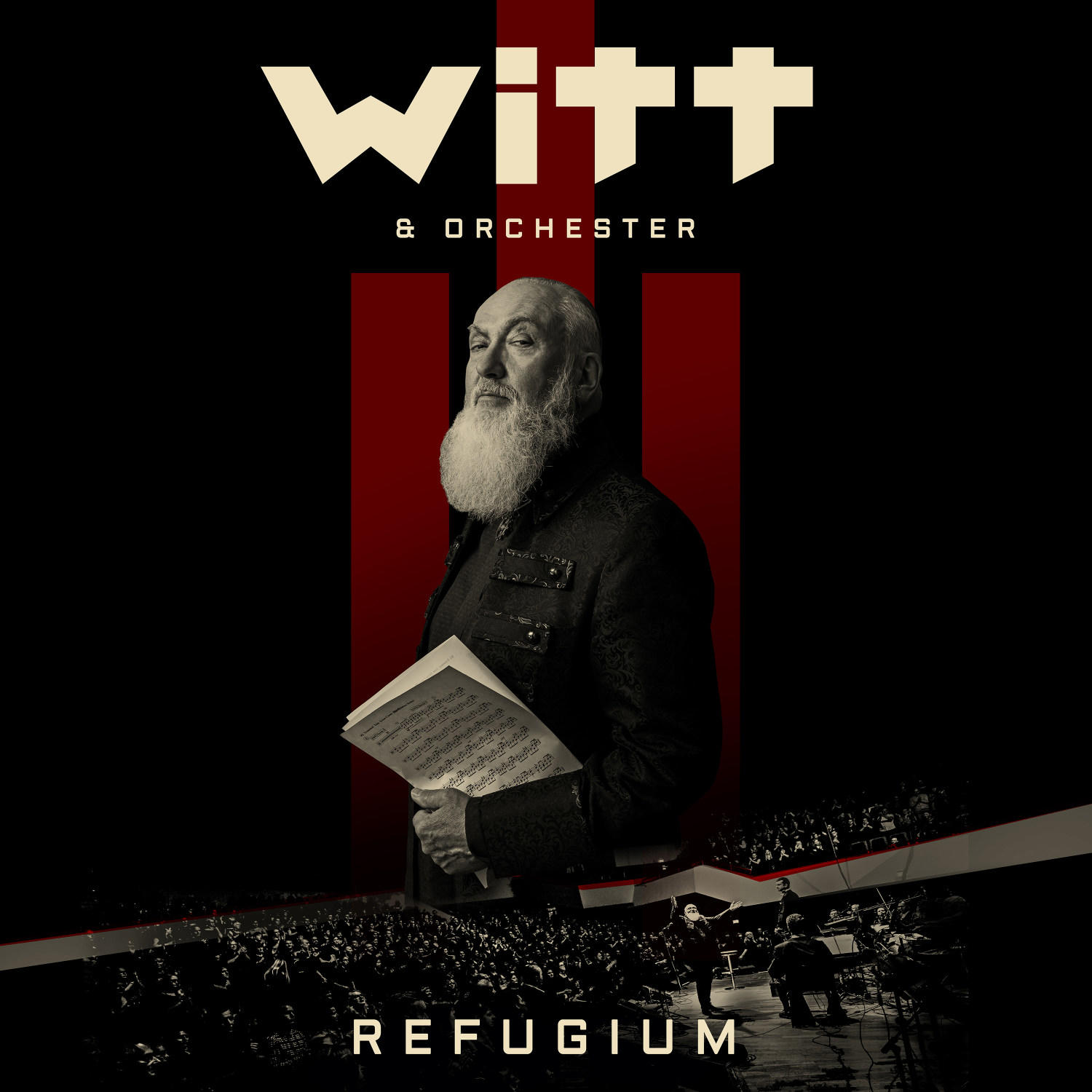 Albumcover mit einem Mann mit langem weißem Bart und einem Orchester im Hintergrund.
