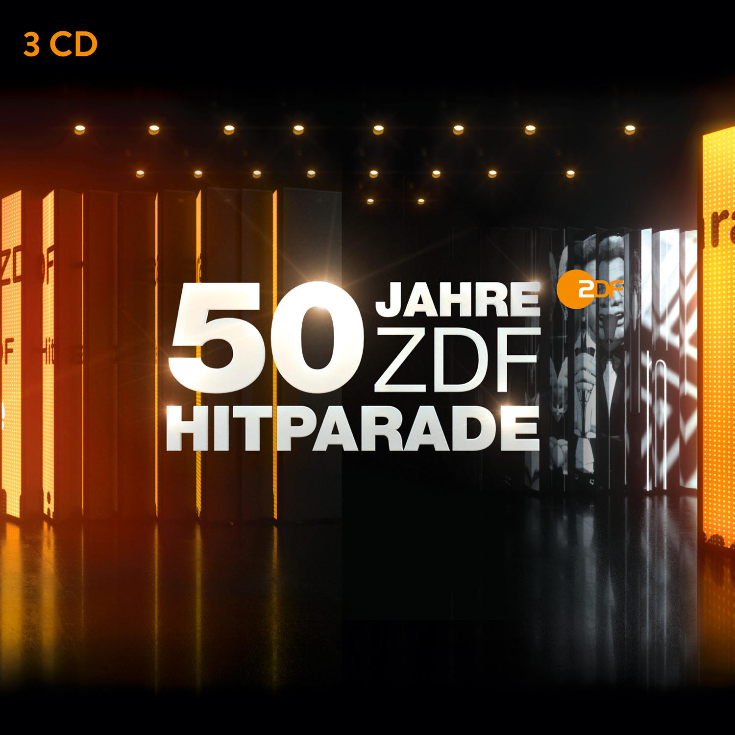 CD-Cover mit Text 50 Jahre ZDF Hitparade. Bühne mit Lichtern und Personen im Hintergrund.