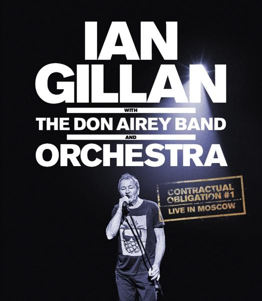 Ian Gillan Konzertplakat mit Bandnamen und Orchester, schwarzer Hintergrund, Sänger am Mikrofon.