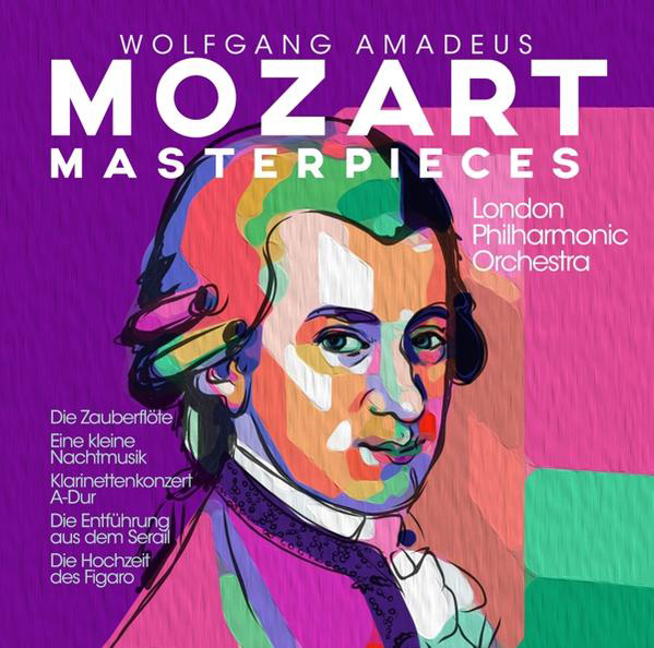 Albumcover mit dem Titel 'Wolfgang Amadeus Mozart Masterpieces' mit einer farbenfrohen Illustration von Mozart.