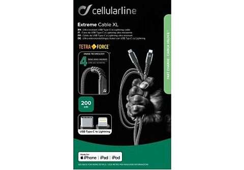 Cable USB - CellularLine TETRACABC2LMFI2MK, De USB-C a Lightning, 2 m, Negro