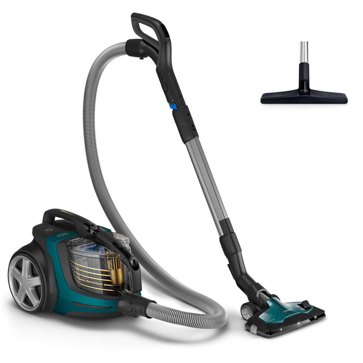 Turkuaz ve siyah gövdeli, gri hortumlu ve ayrılabilir başlıklı elektrikli süpürge. Beyaz zemin.