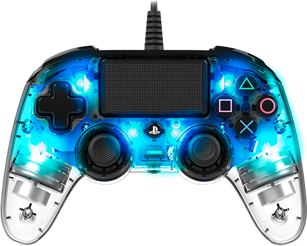 Ein blau beleuchteter PlayStation-Controller mit mehreren Tasten.