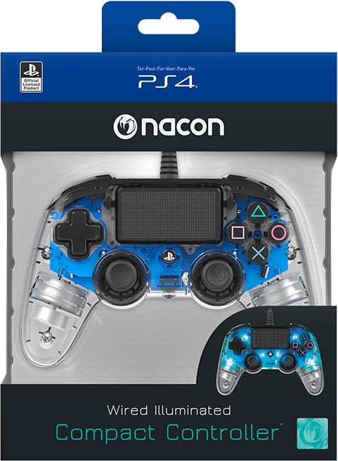 PS4 Nacon kabelgebundener, beleuchteter Kompakt-Controller in Verpackung, blaues und transparentes Design.
