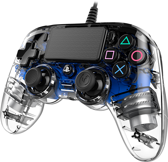 Transparenter Gamecontroller mit blauem Innenraum und Knöpfen.