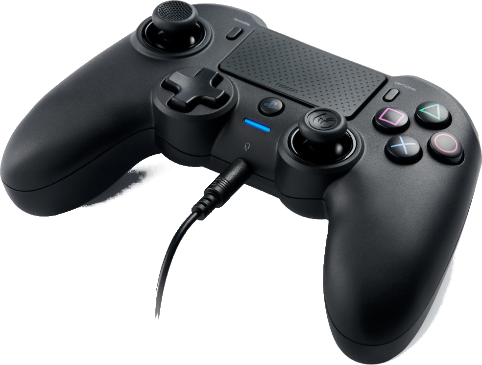 Schwarzes Gamepad mit Knöpfen und Kabel. Nacon-Logo oben.