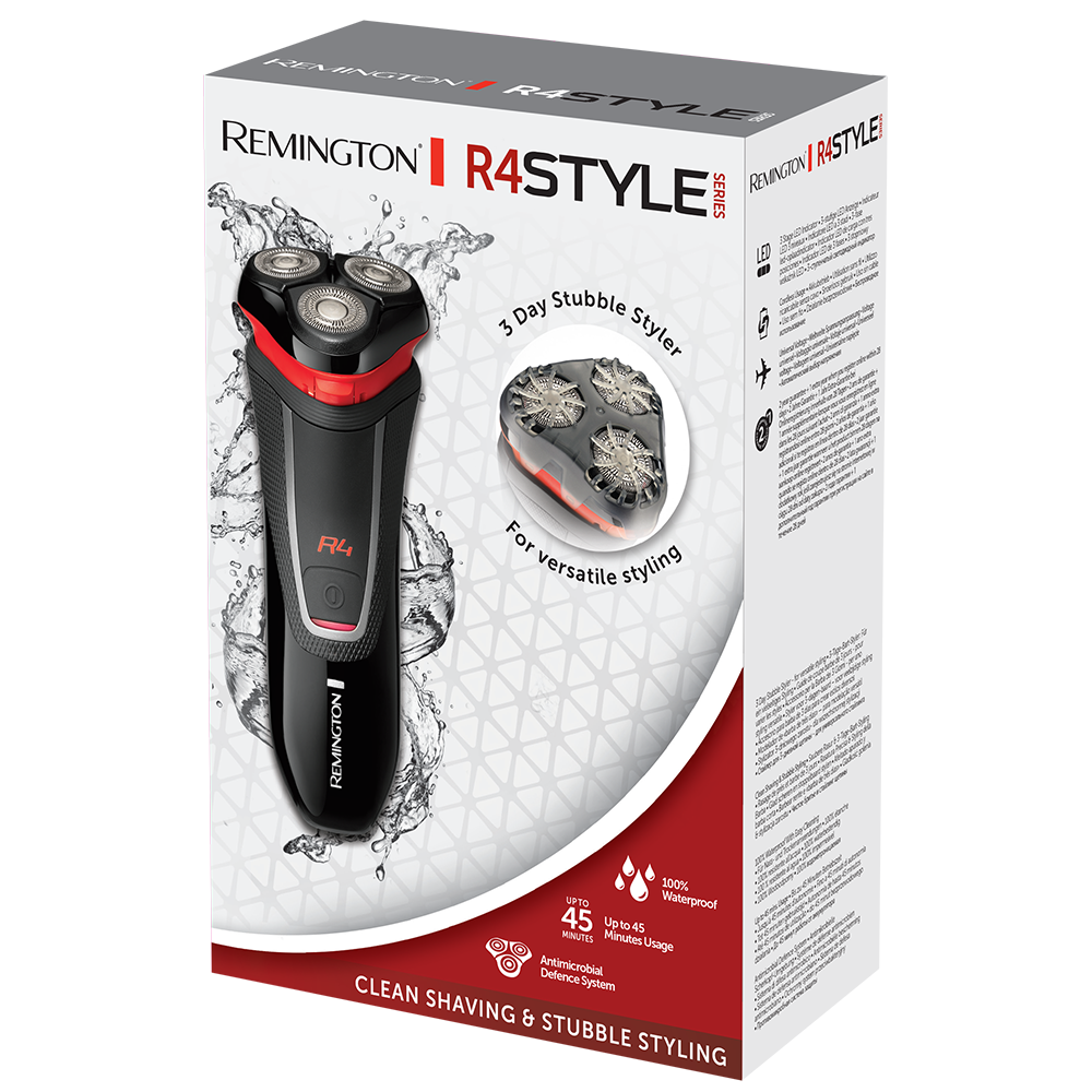 Remington R4 Style Series elektrische scheerapparaat doos. De doos toont het scheerapparaat, de 3-daagse baardstyler.