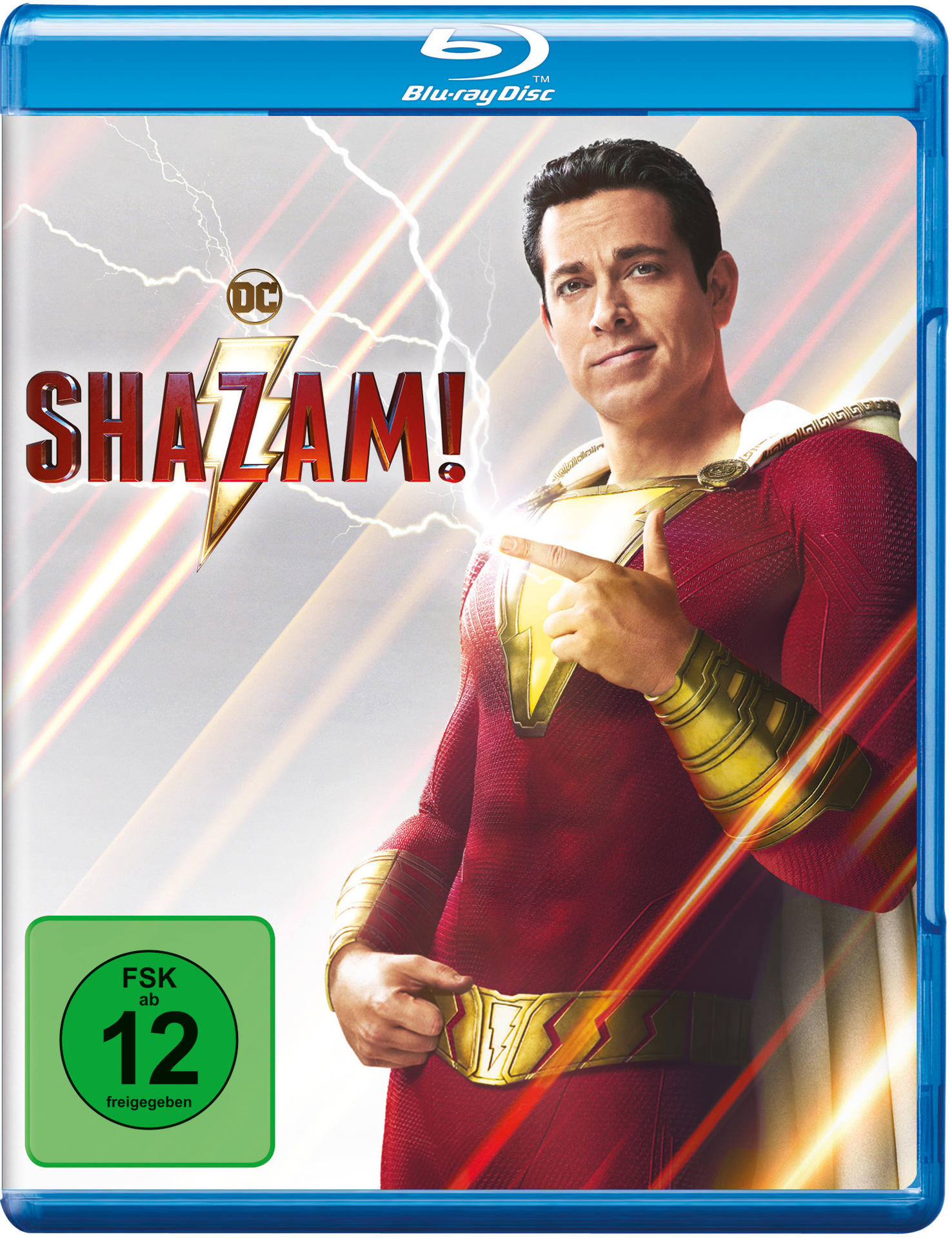 Shazam Blu-ray-Cover mit dem Superhelden in einem rot-goldenen Anzug.