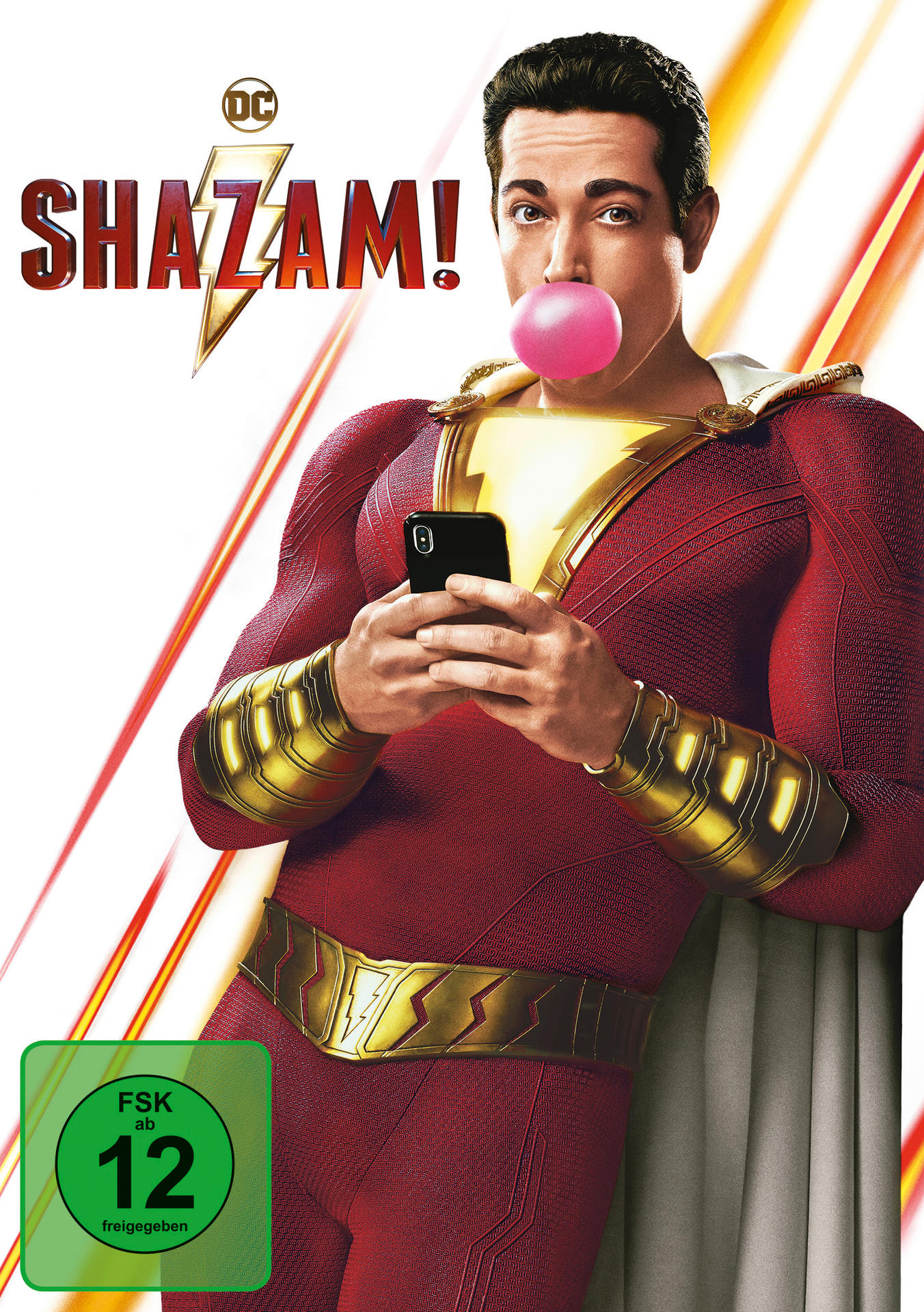 Shazam!-Filmcover. Schauspieler in rotem Anzug, hält Telefon und bläst Kaugummi.