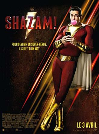 Filmposter: Shazam in rood pak met telefoon en kauwgom. Tekst in het Frans.