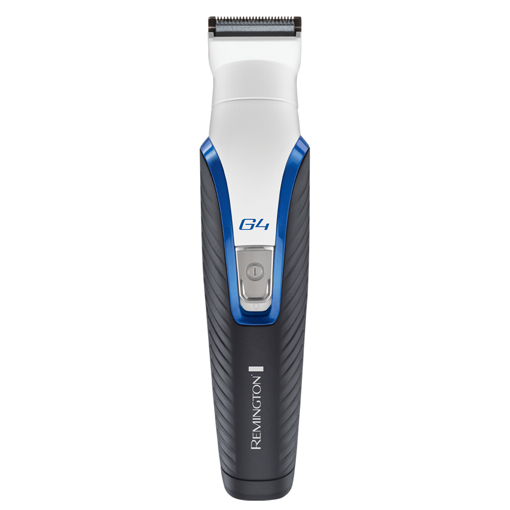 G4 Remington haartrimmer, wit en blauw, op een zwarte achtergrond.